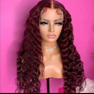 Burgundy crimped closure wig